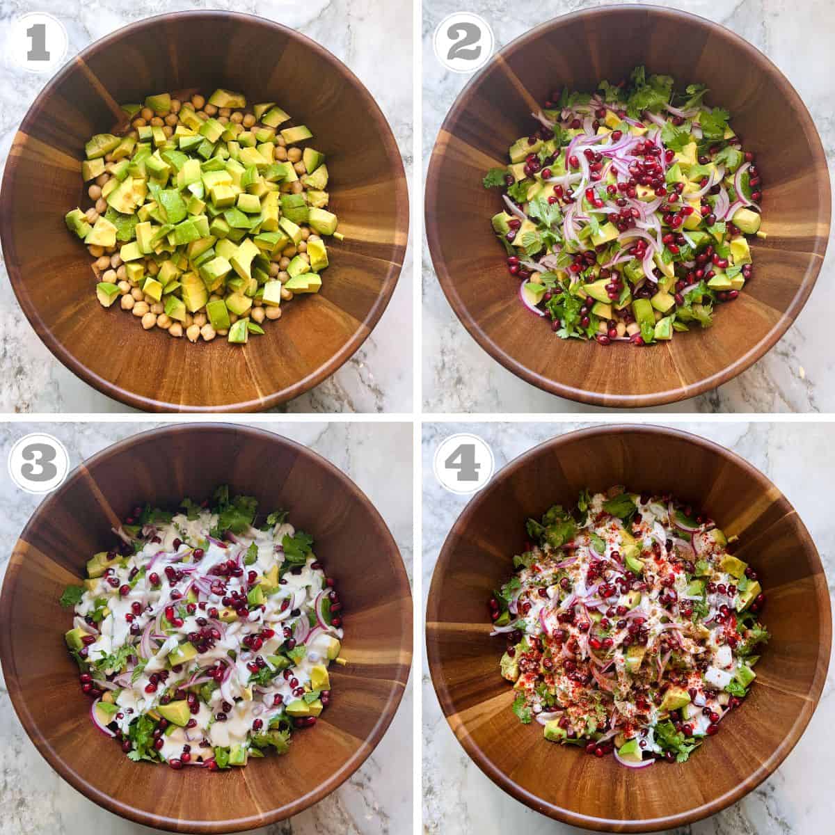 photos one through four showing how to make avocado chickpea chaat