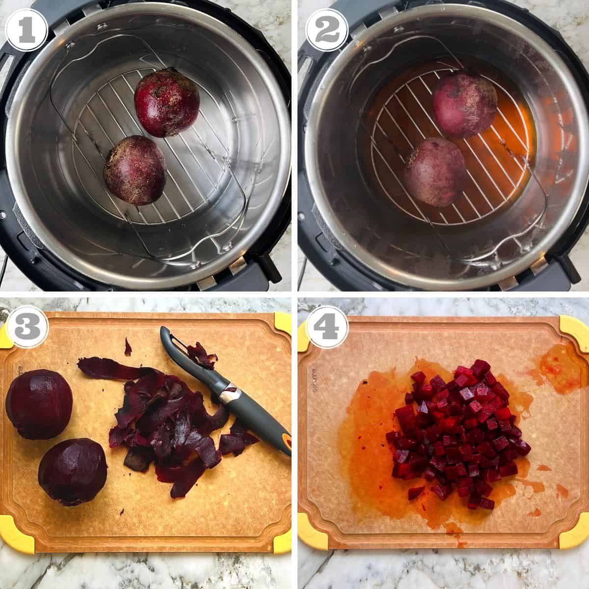 photos one through four showing how to steam and prep beets