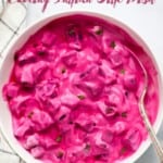 Beet Raita served in a white bowl