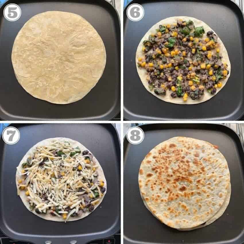 photos showing how to make black bean and corn quesadilla on a griddle