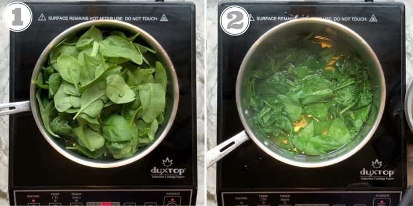 steps 1 to 2 showing how to blanch spinach