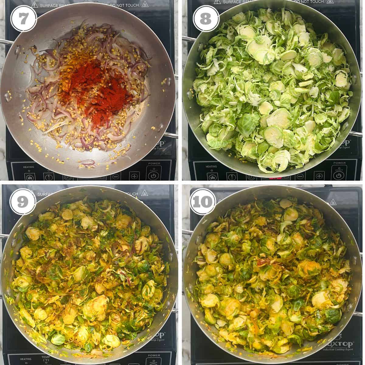 photos seven through ten showing brussels sprouts subzi cooked with spices