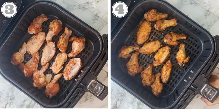 Chicken wings cooking in an air fryer