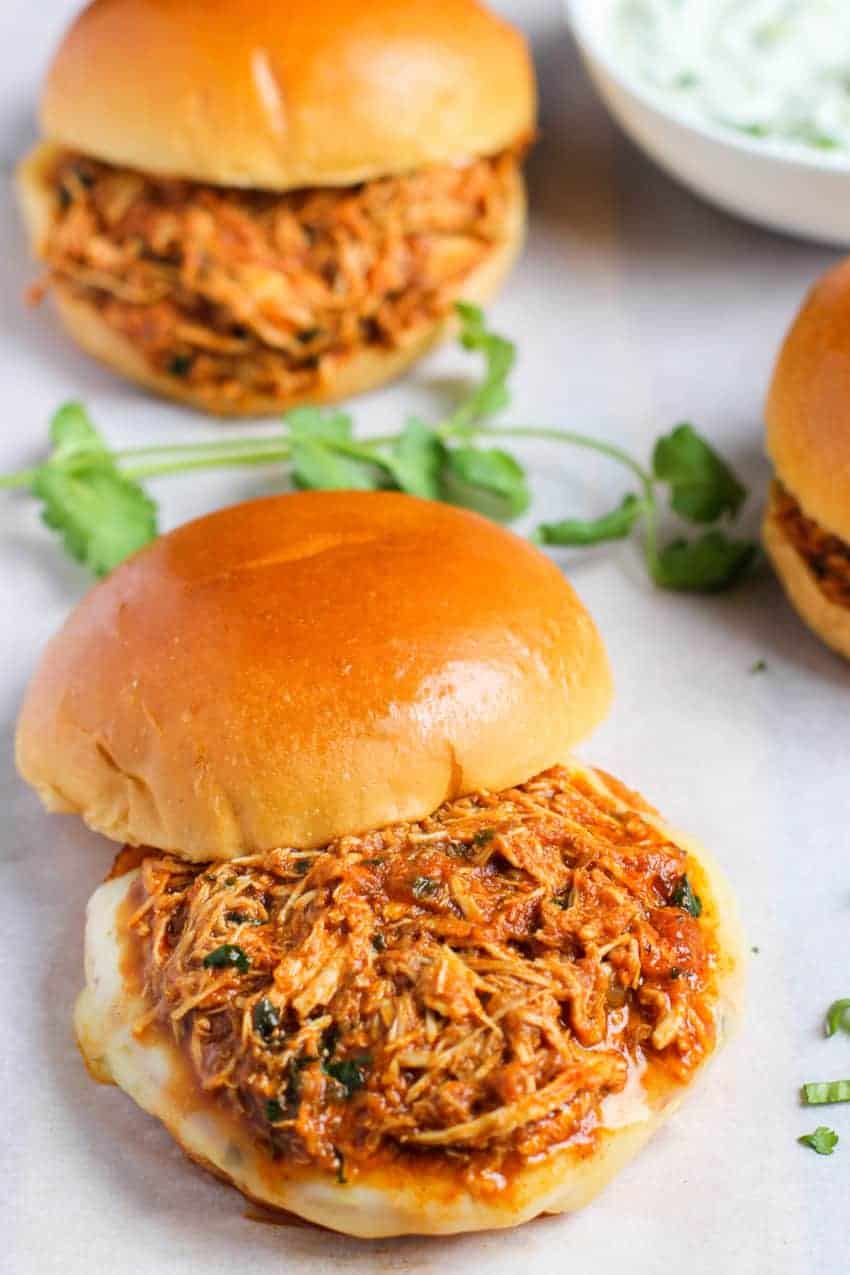 Pulled chicken served on brioche buns