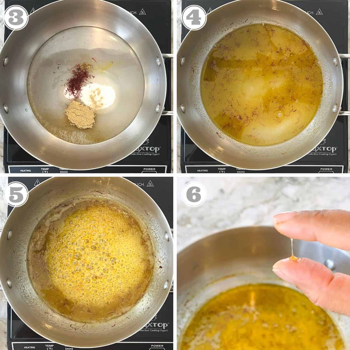 photos three through six showing how to make sugar syrup