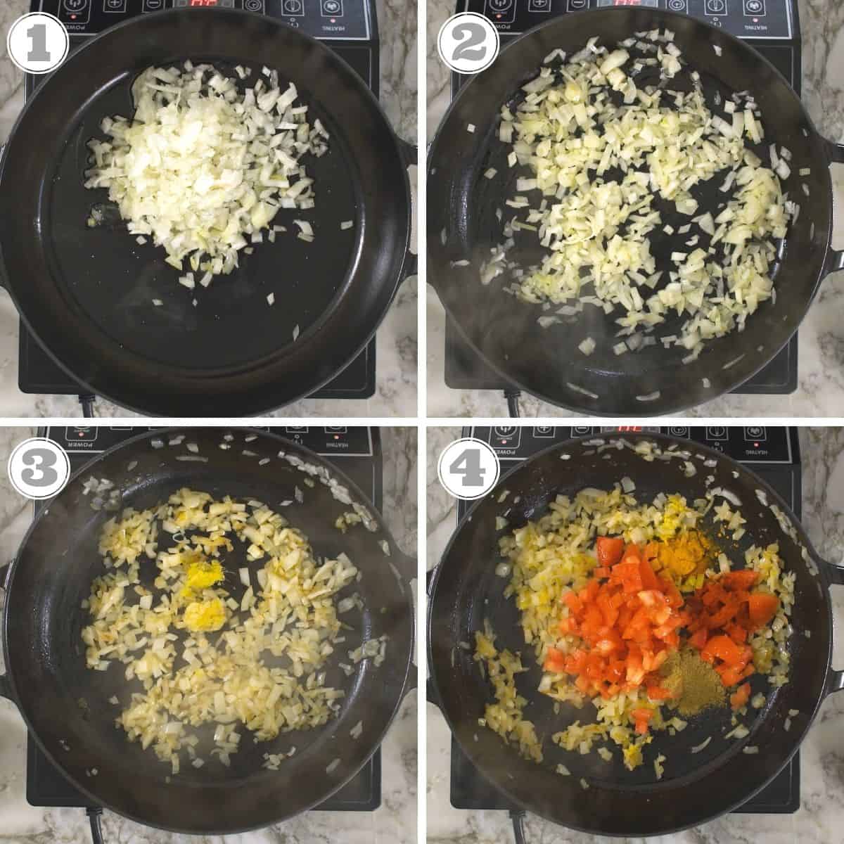 photos one through four showing how to cook onion, tomatoes and spices