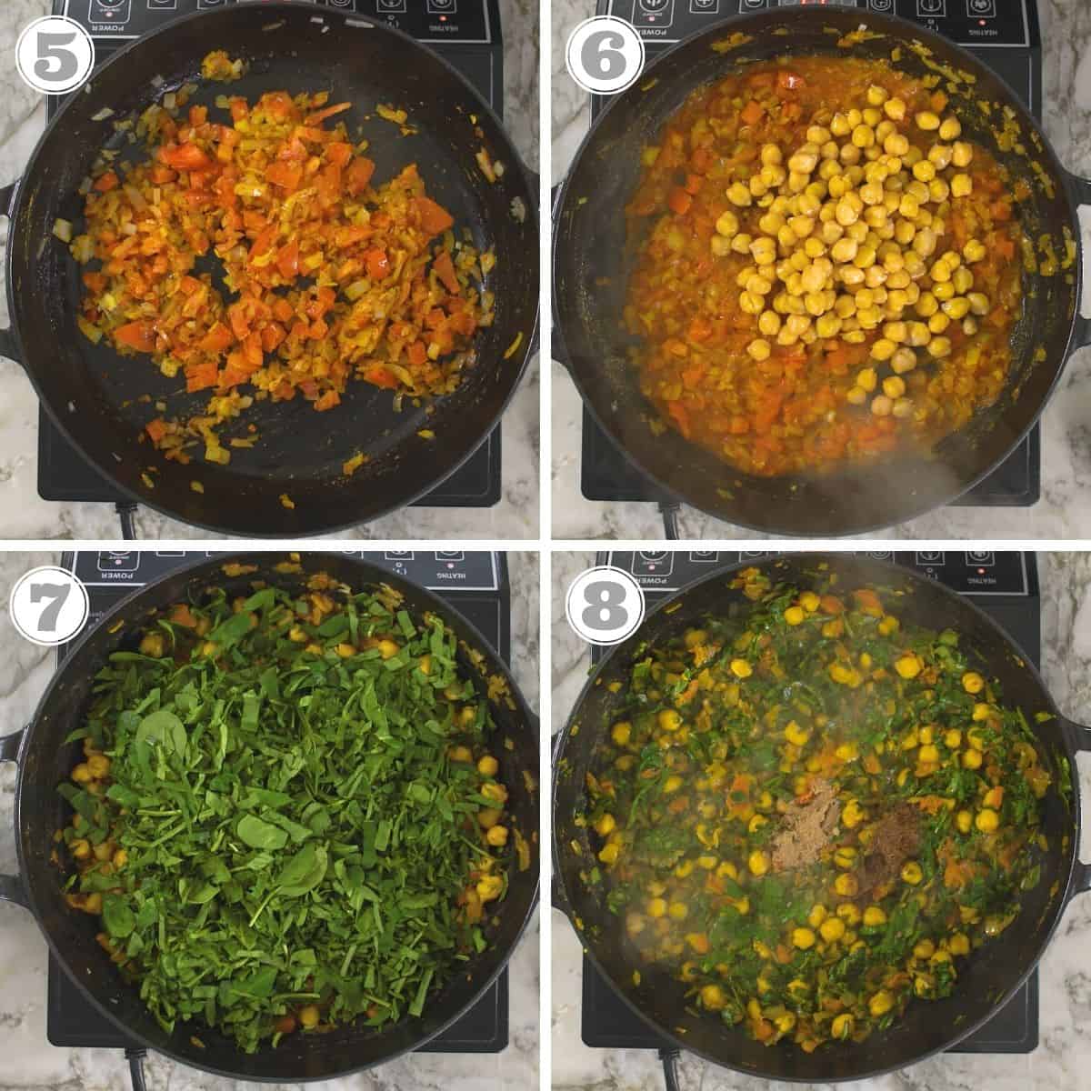photos five through eight showing how to make curried chickpeas with spinach