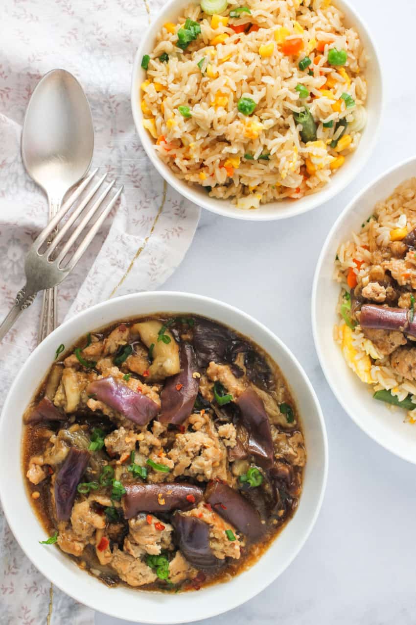 chicken & eggplant in garlic sauce served over fried rice 