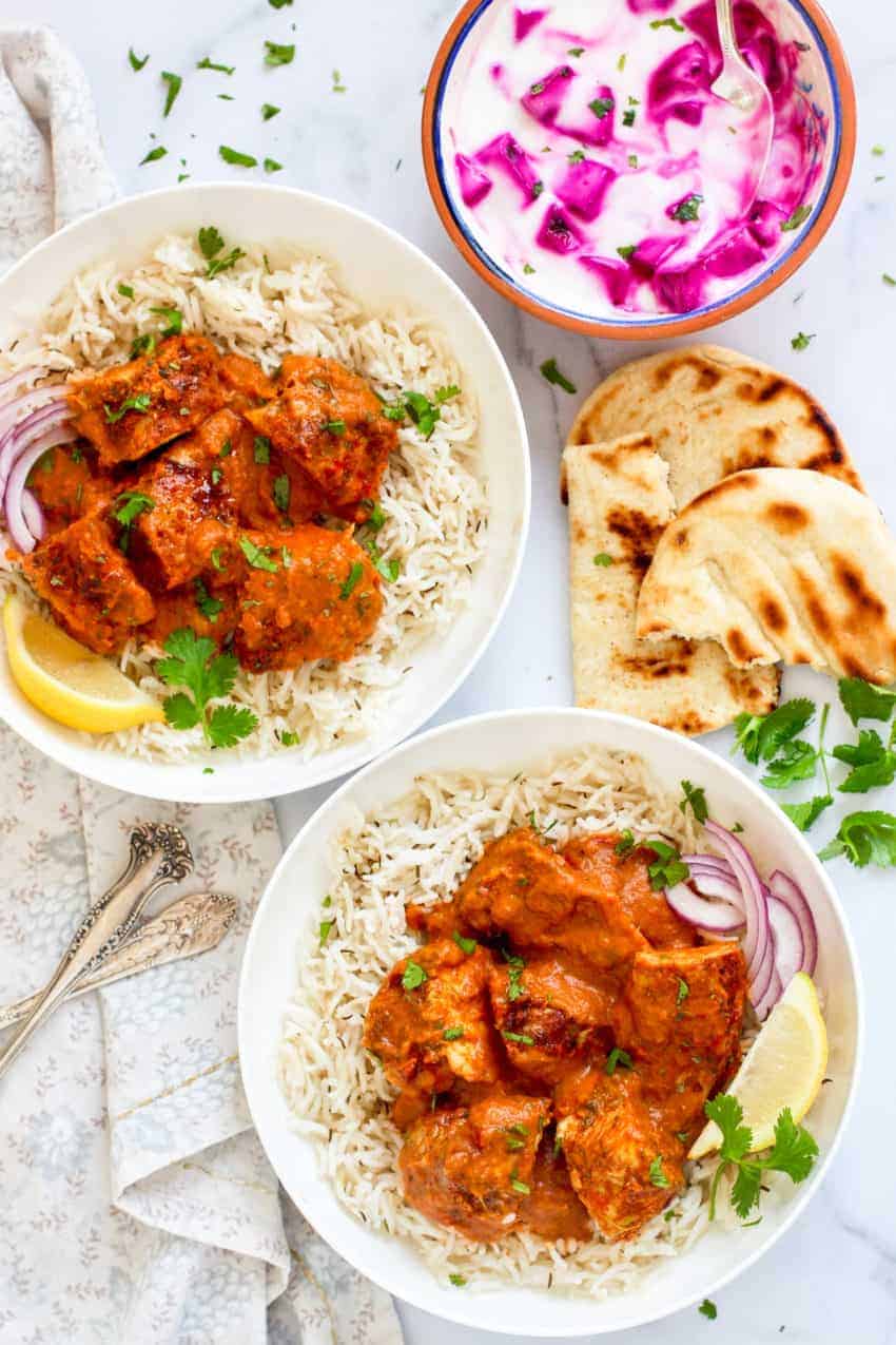Chicken Tikka Masala with rice, naan and raita