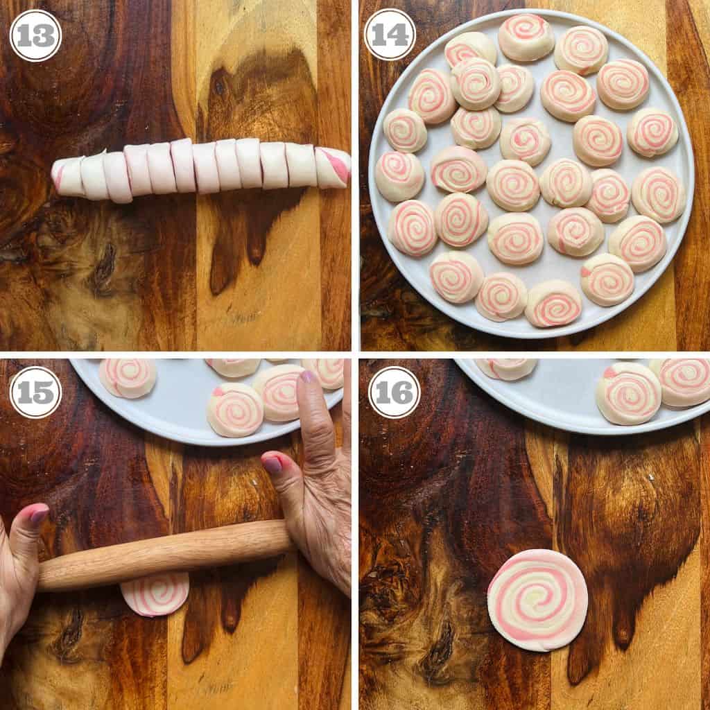 steps thirteen through sixteen showing how to cut and roll chirote