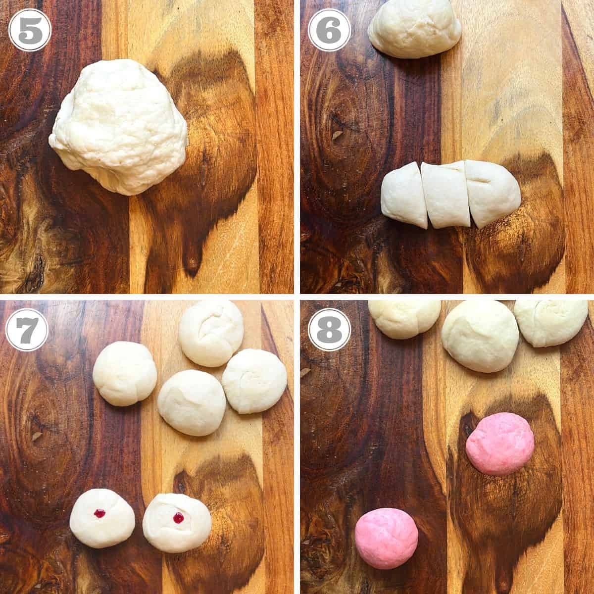 steps five through eight showing adding food coloring to dough