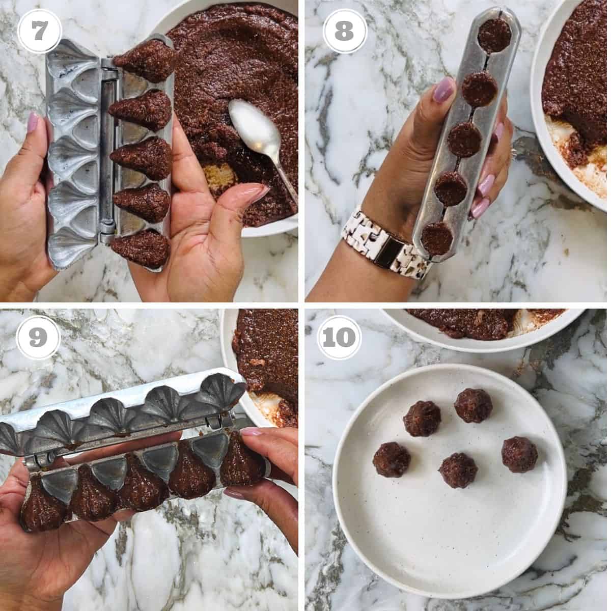 photos seven through ten showing how to shape chocolate modak