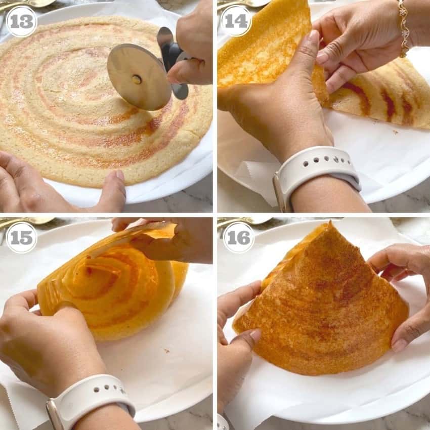 steps thirteen through sixteen showing how to fold cone shaped dosa