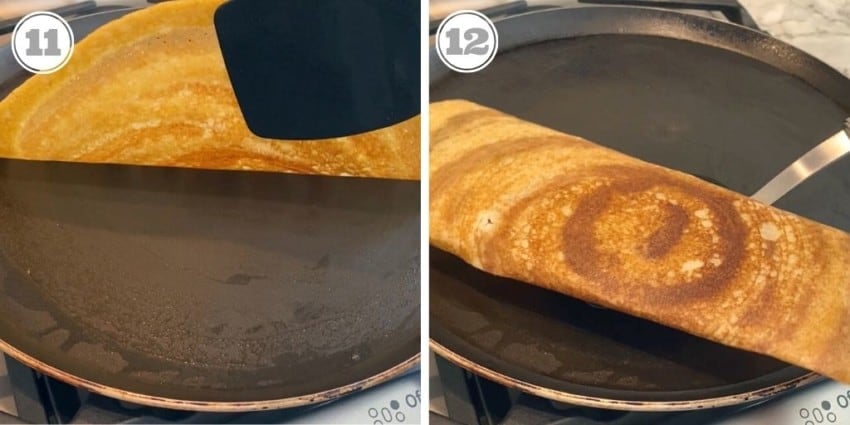 steps eleven and twelve showing cooked dosa on the pan