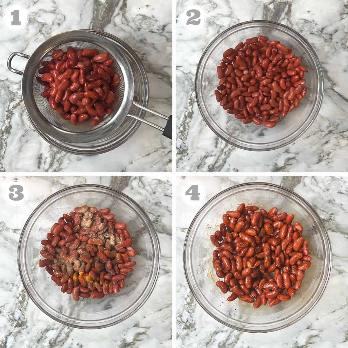 photos one through four showing how to prepare kidney beans for roasting