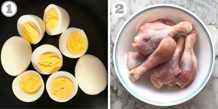 Boiled eggs and chicken marinating with lemon and salt