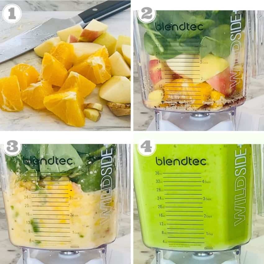 steps one through four of making green smoothie