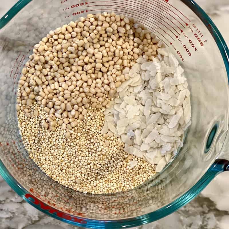 quinoa, lentils and poha in a cup