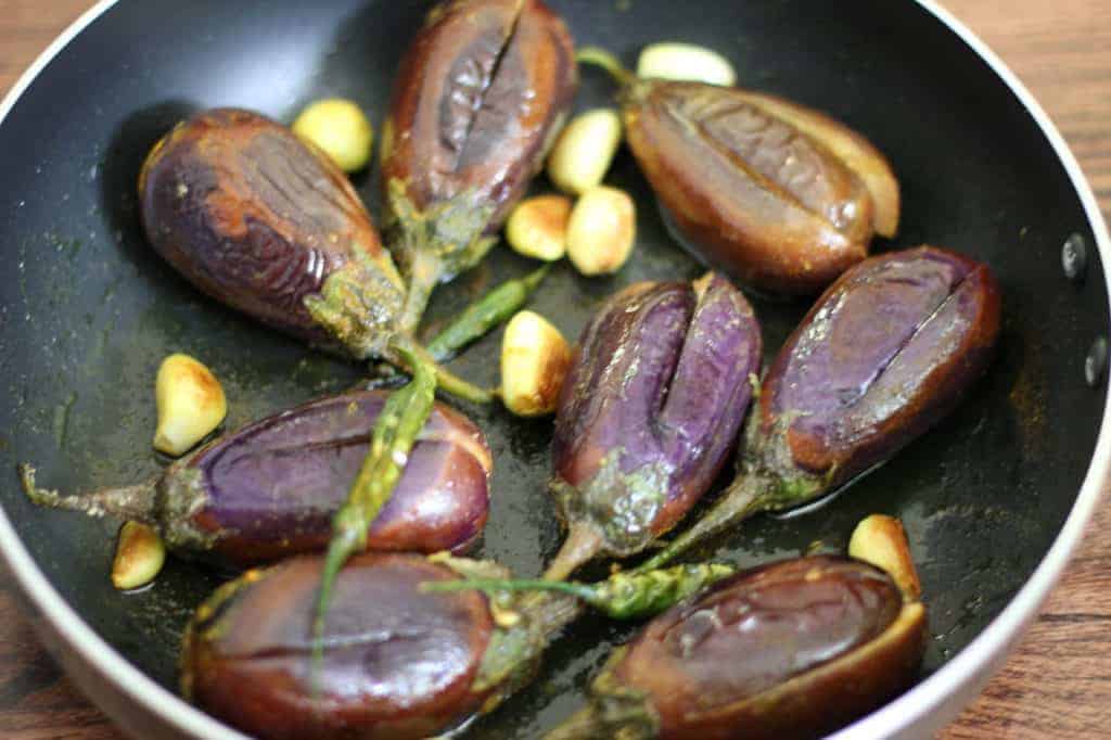 cooked baby eggplant and garlic
