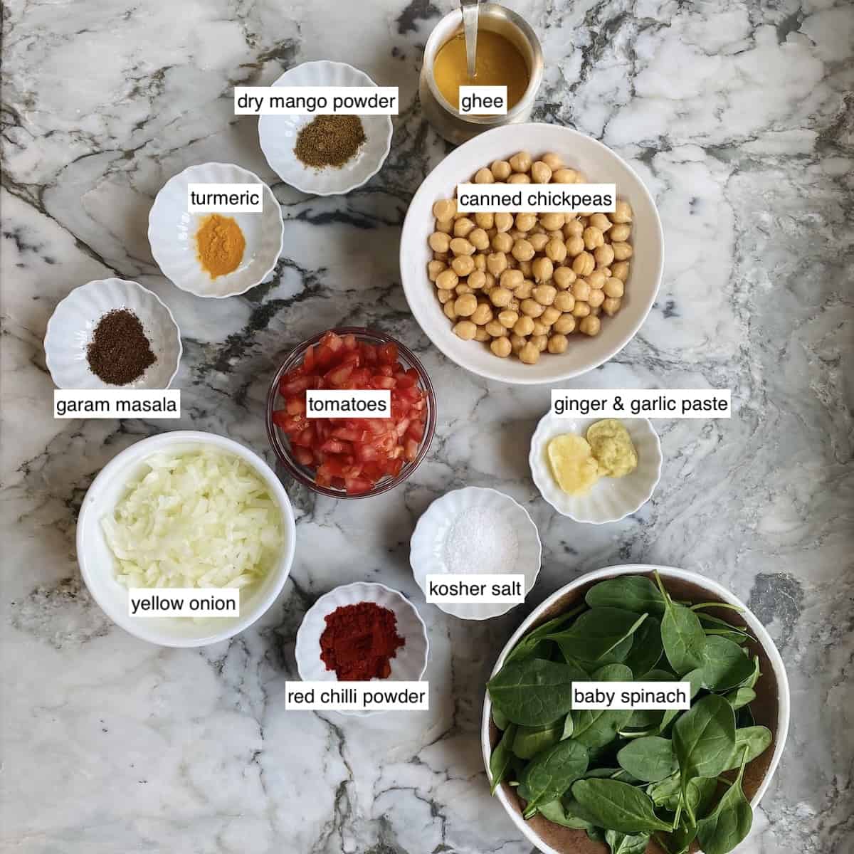 Ingredients to make chana saag