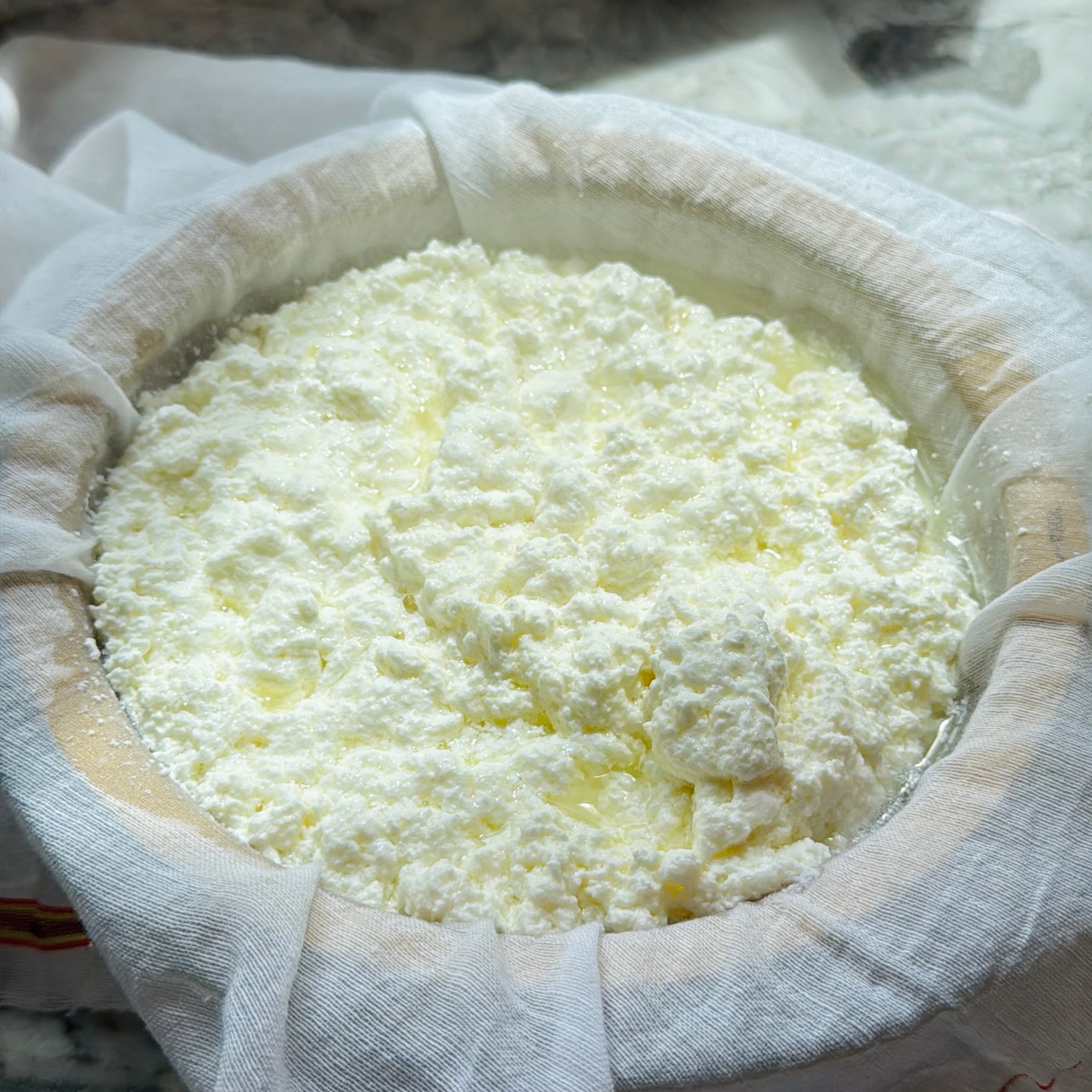 Fresh paneer curds draining in a cheesecloth-lined colander on a marble surface, with visible whey separating from the curds.