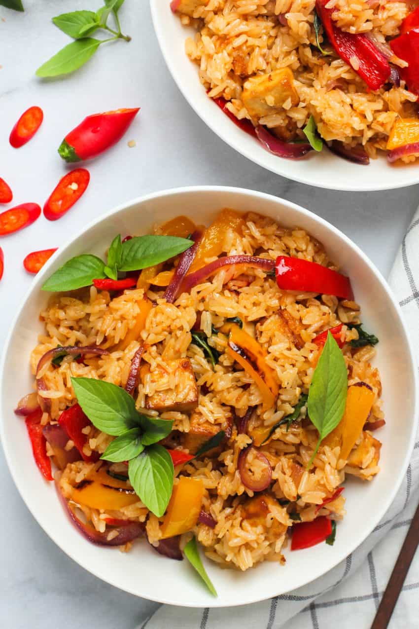 Thai Basil Fried Rice in white bowls
