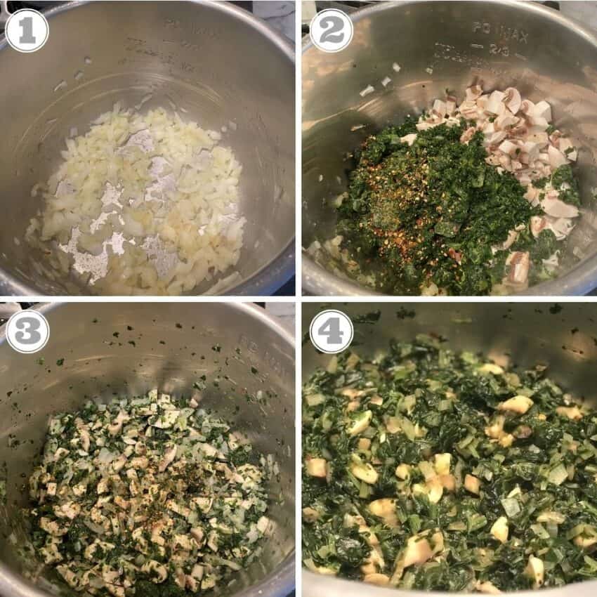 Steps one through four of lasagna filling