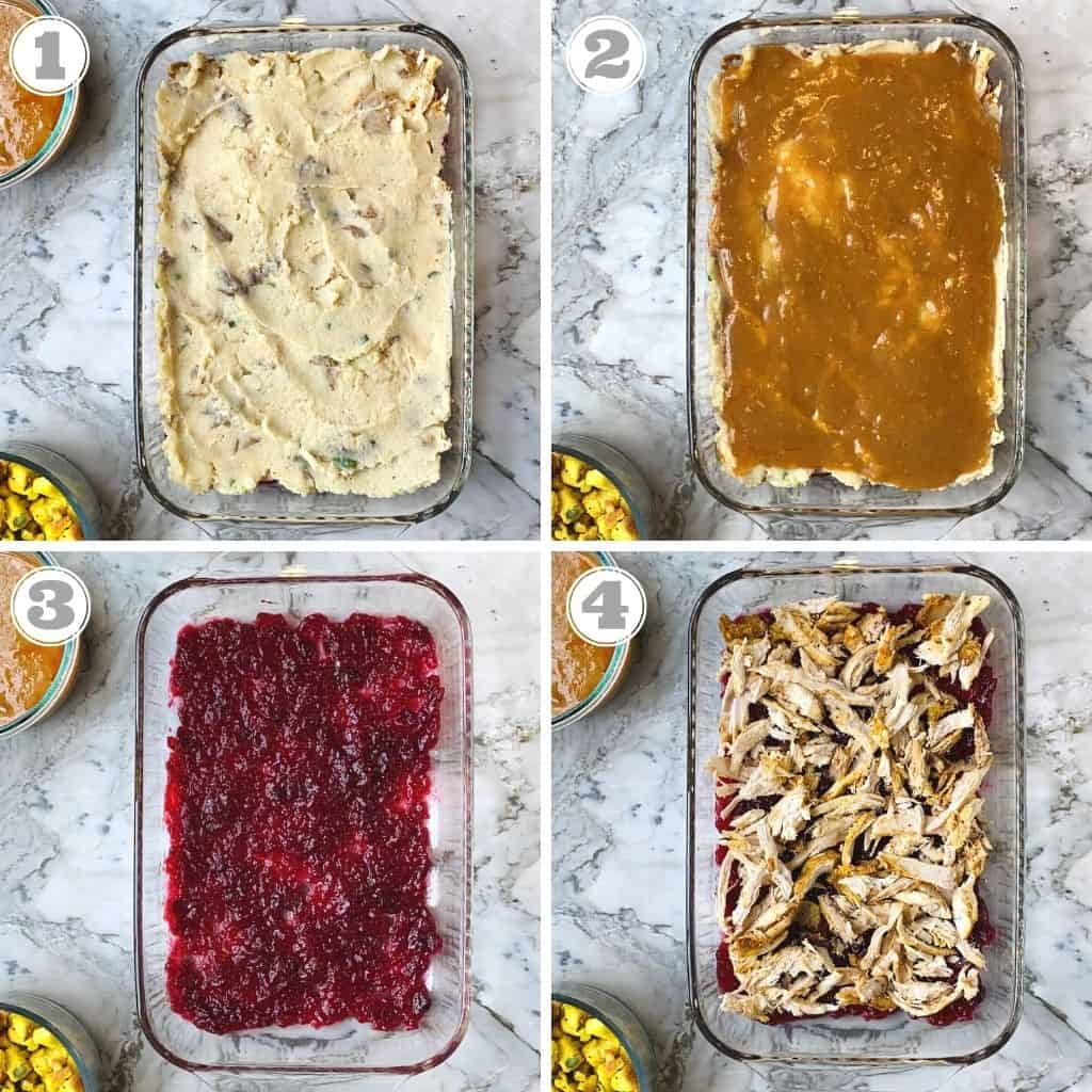 photos one through four showing how to assemble casserole with leftovers
