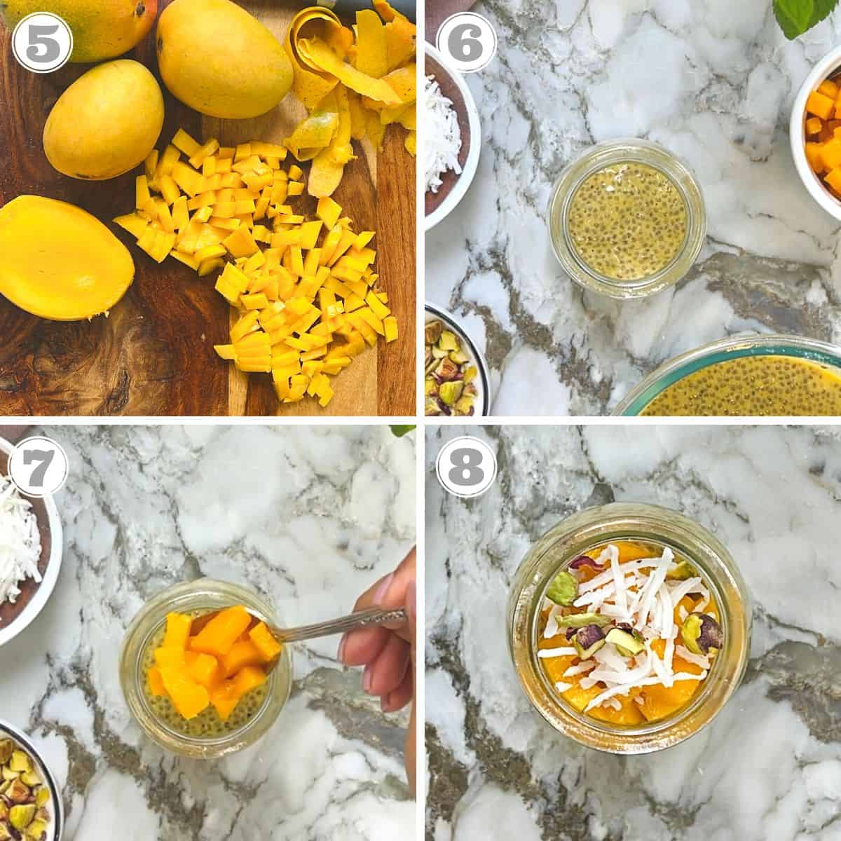photos five through eight showing how to serve chia pudding