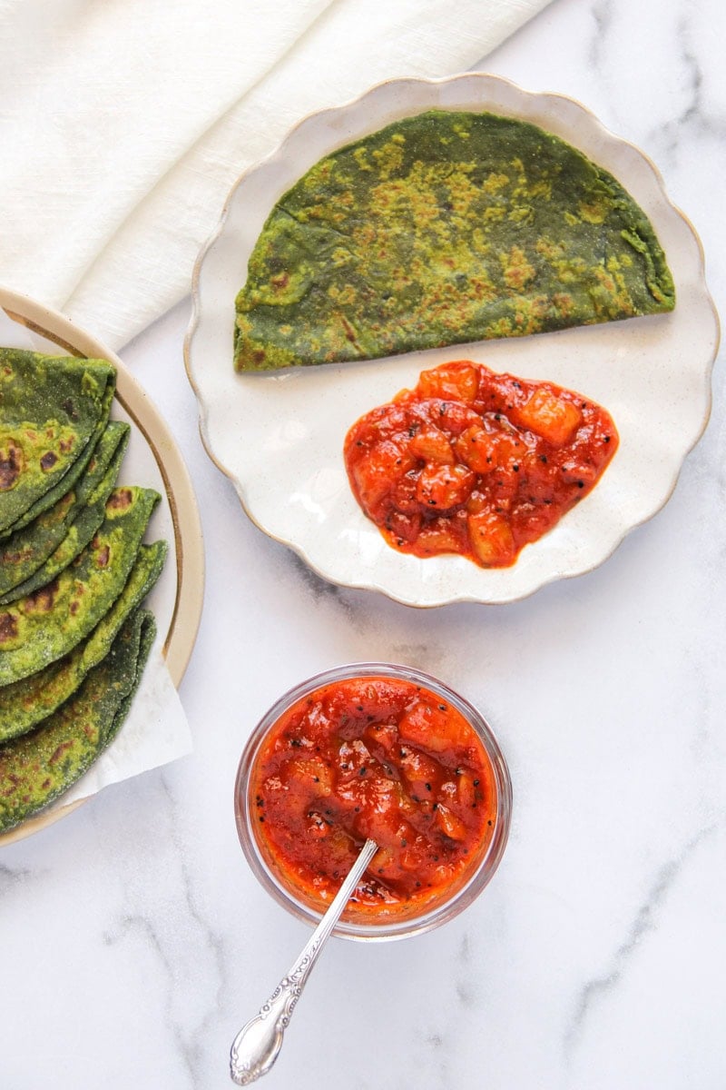 mango chutney served with spinach roti
