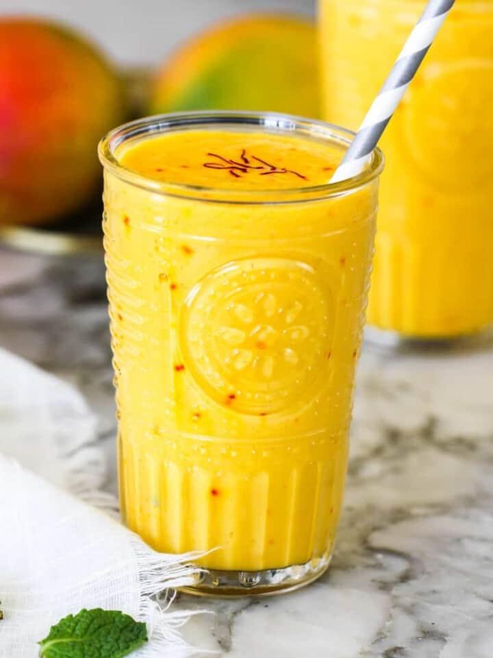 mango lassi served in 2 cups
