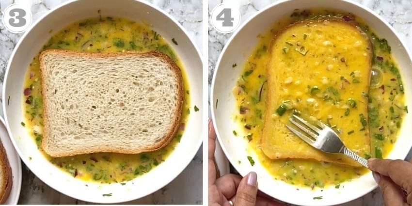 dipping sliced bread in egg mixture