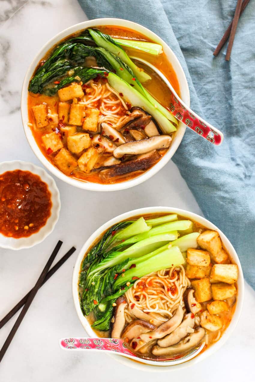 spicy miso ramen with tofu, bok choy and mushrooms