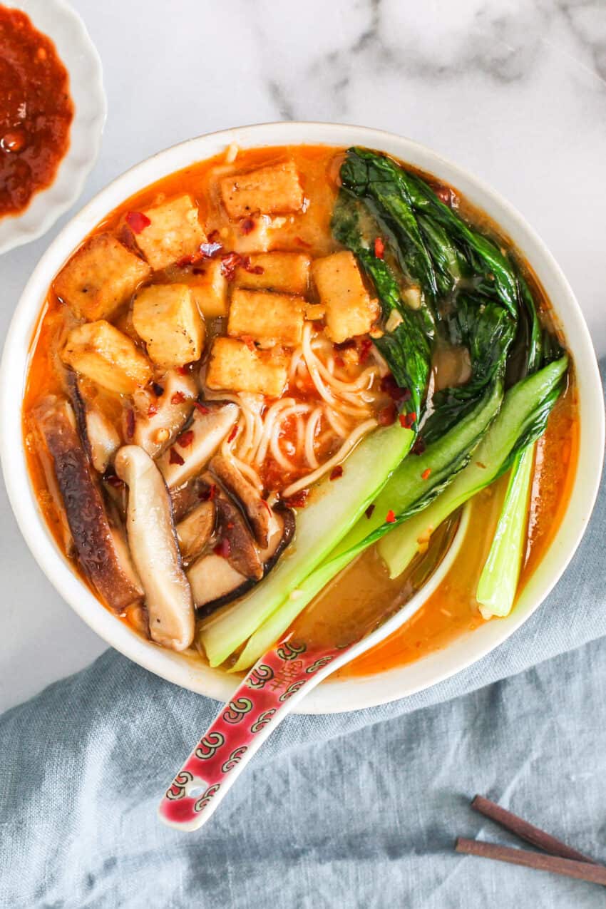 spicy miso ramen with tofu, bok choy and mushrooms