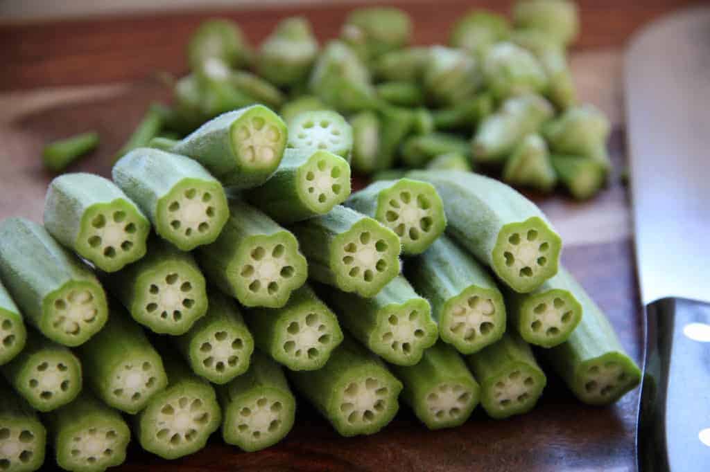 Okra with tops cut