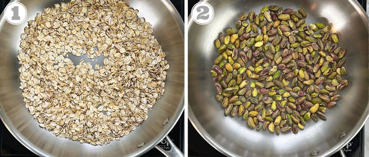 photos one and two showing how to roast oats and pistachios.