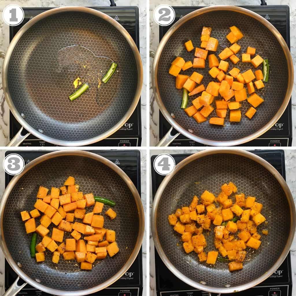 photos one through four showing sauteing spices and pumpkin in a pan