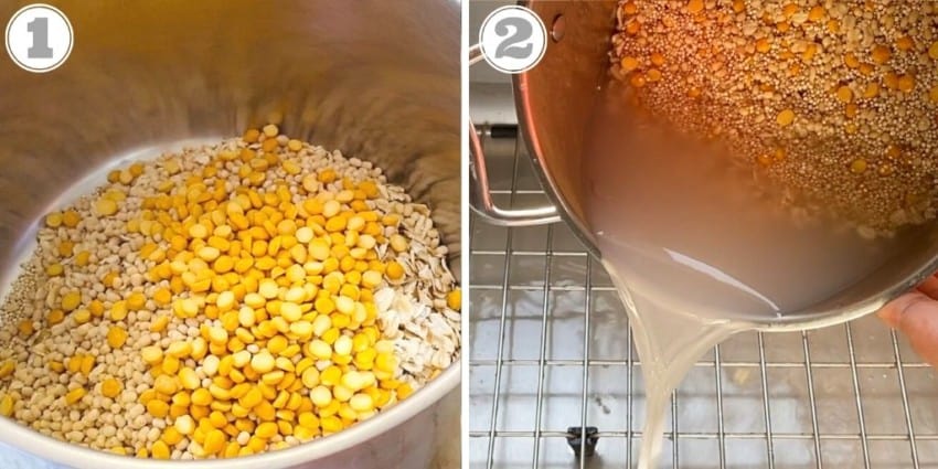 steps one and two of making dosa - rinse and soak lentils and quinoa