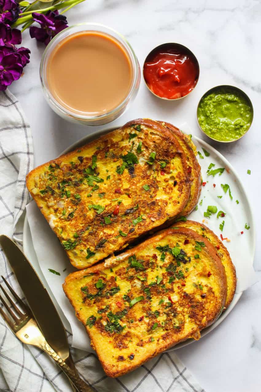 savory french toast served with chutney, ketchup & chai