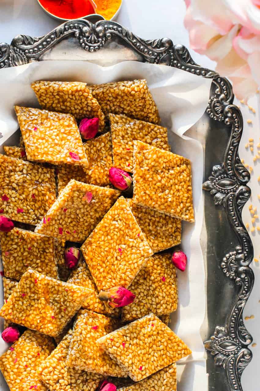 sesame chikki in a silver tray