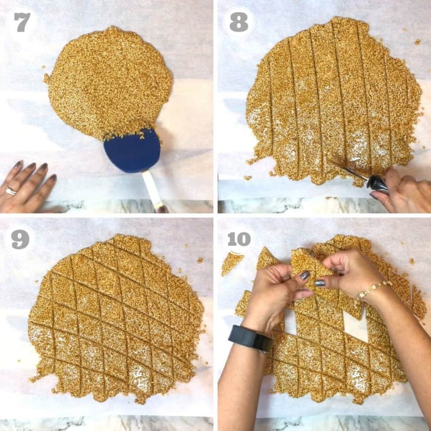 steps 7 through 10 showing how to cut sesame chikki