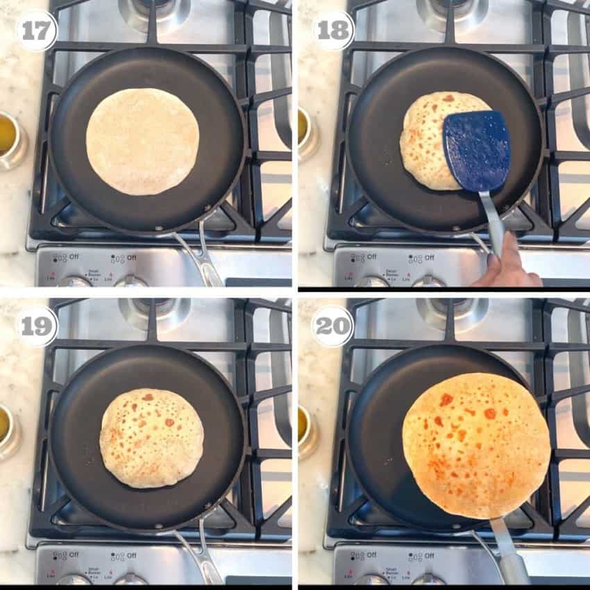 steps showing how to cook the poli on a pan