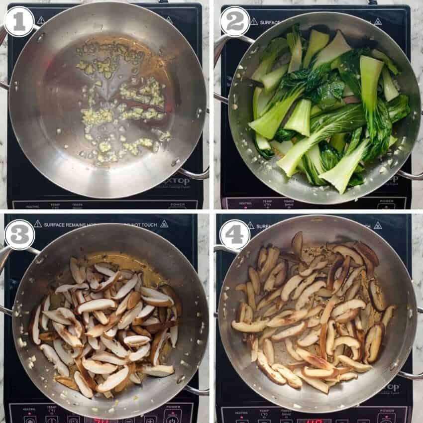photos one through four showing sauteeing bok choy and mushrooms