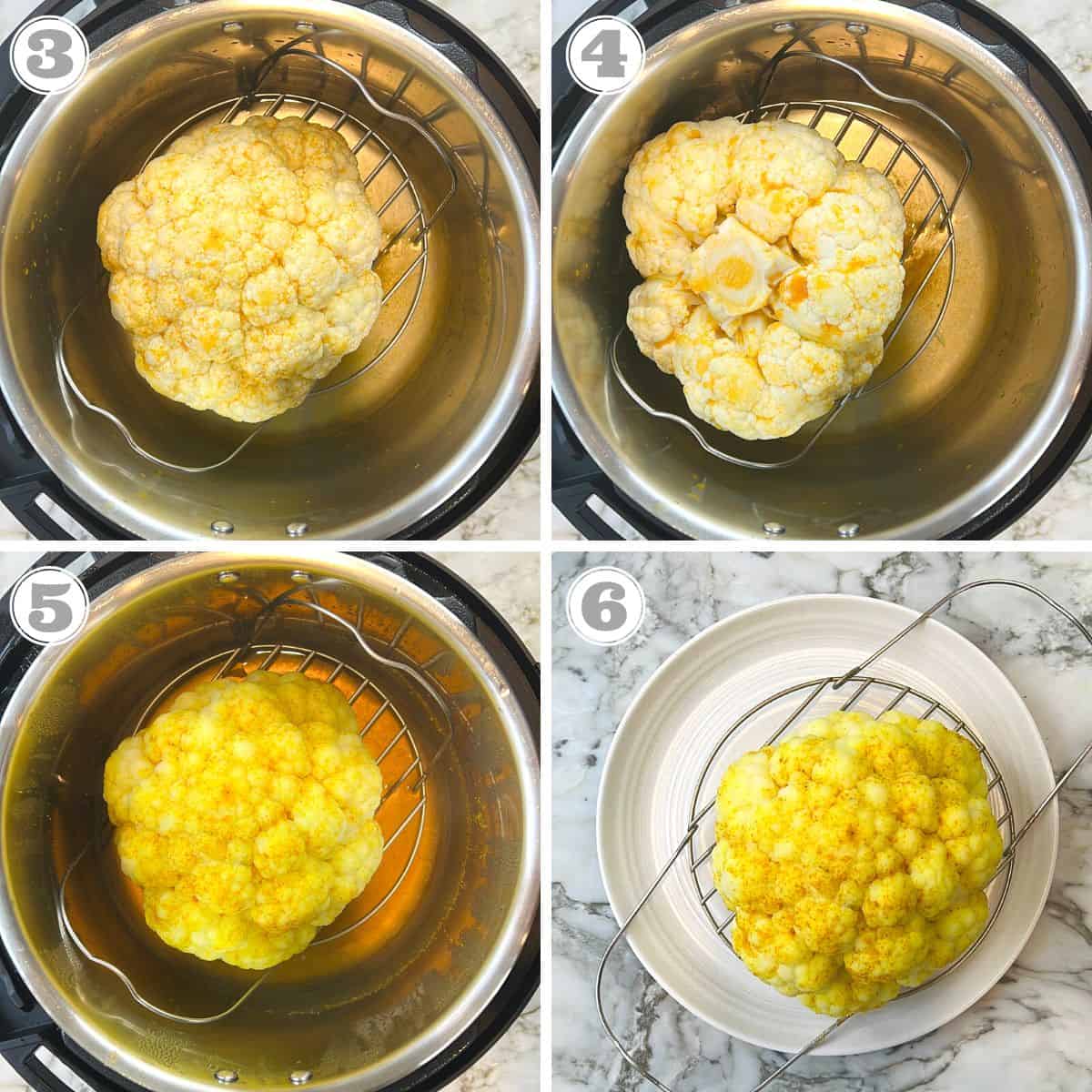 trimmed whole cauliflower brushed with turmeric and salt water and steamed in the Instant Pot