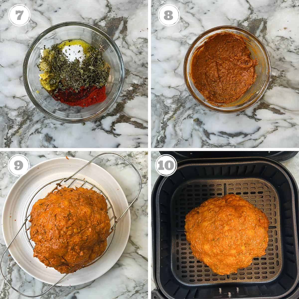 photos seven through ten showing how to make the marinate and apply it to cooked cauliflower and placed in the air fryer