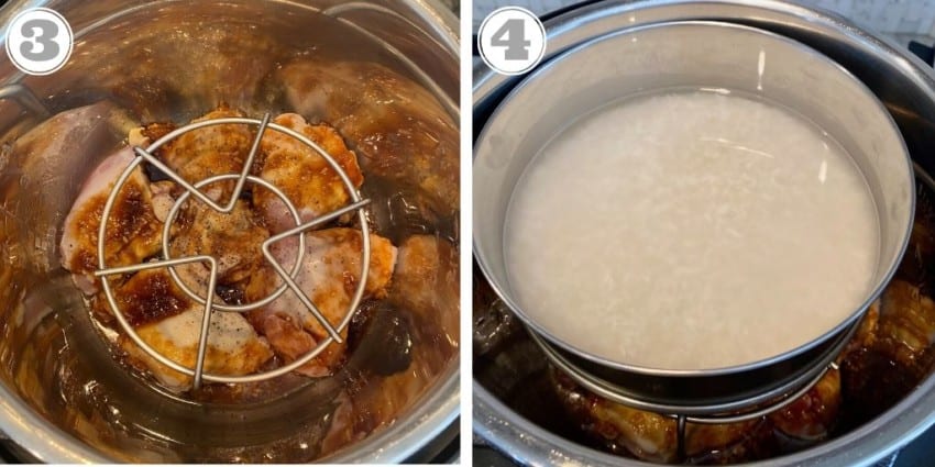 steps three and four showing Pot in Pot rice over chicken in the Instant Pot
