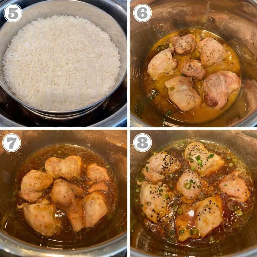 steps five through eight showing chicken cooked in Instant Pot