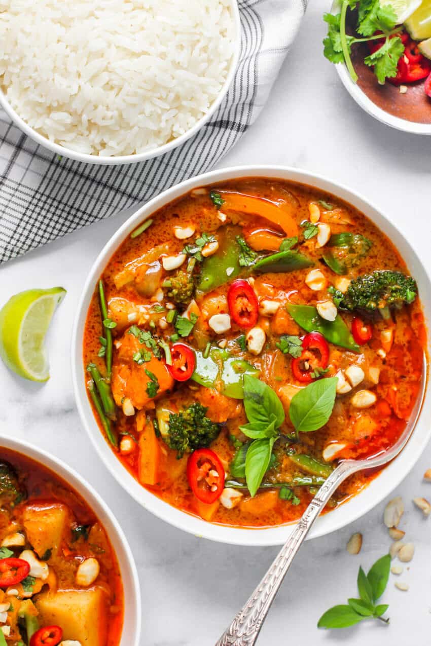 Vegan Thai Massaman curry with jasmine rice