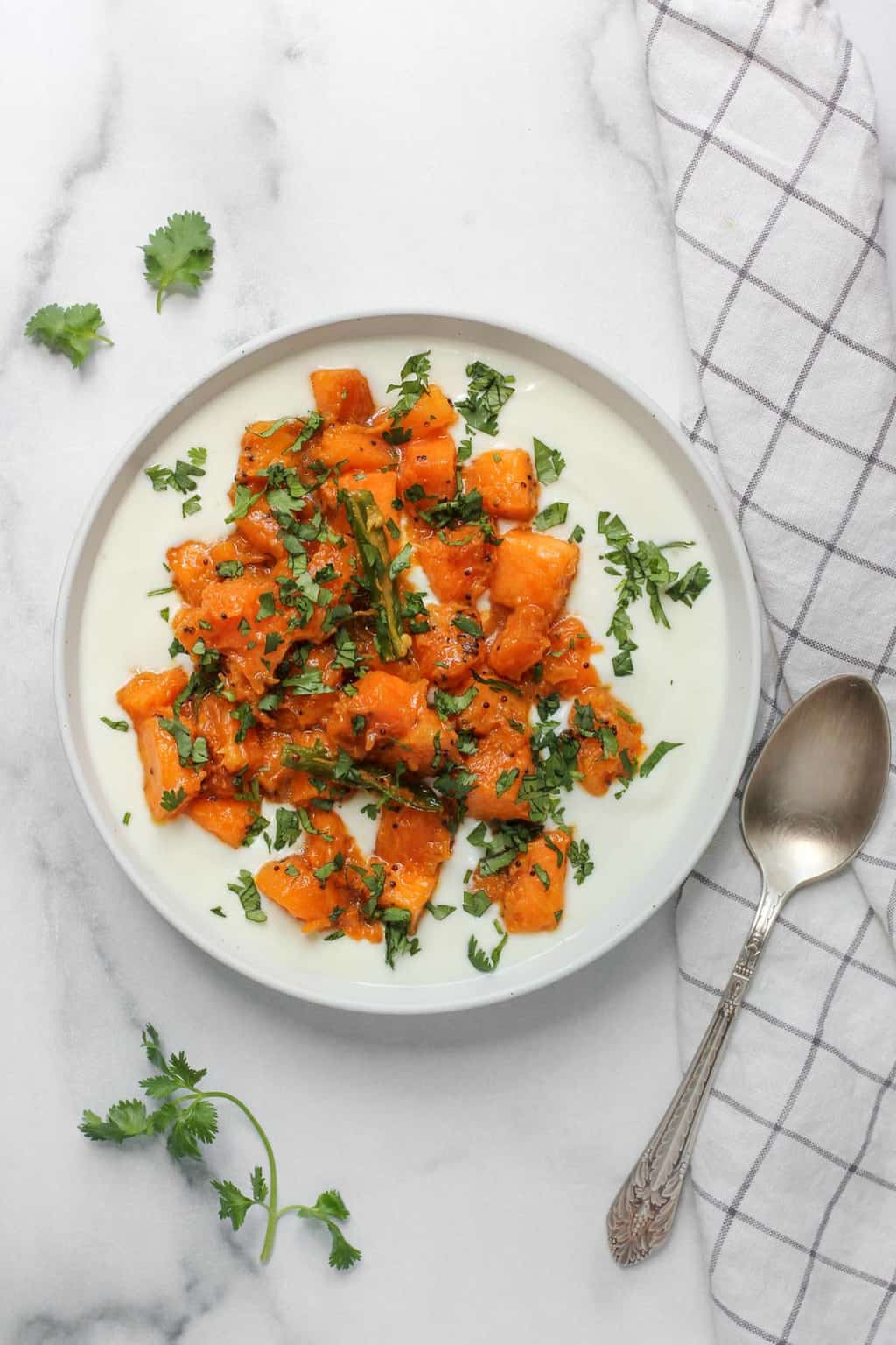 Pumpkin Raita in a white bowl 
