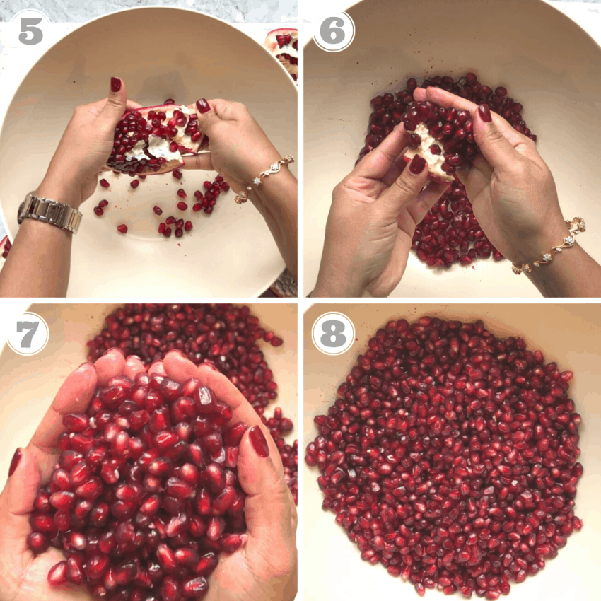 steps five through eight of peeling a pomegranate